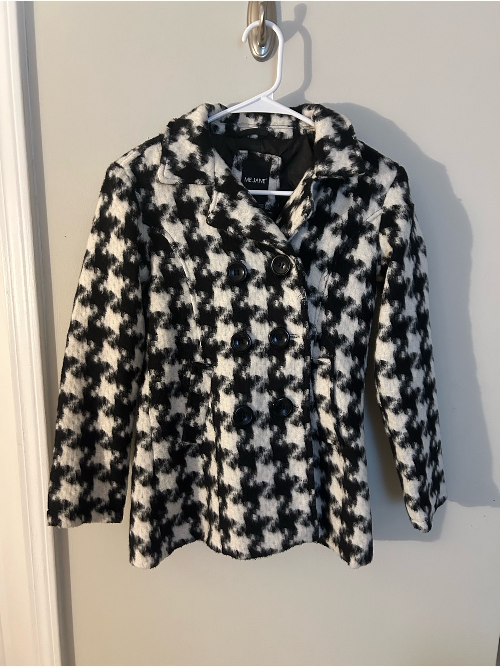 Me Jane Girls Black & White Houndstooth Double-Breasted Pea Coat